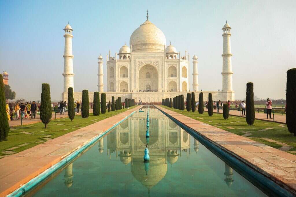 Taj Mahal reflected in the long pool at Agra, India