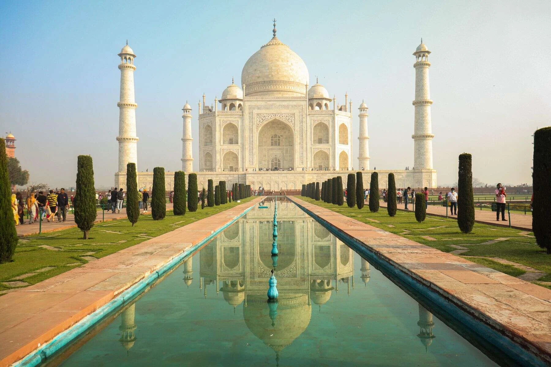 Taj Mahal reflected in the long pool at Agra, India