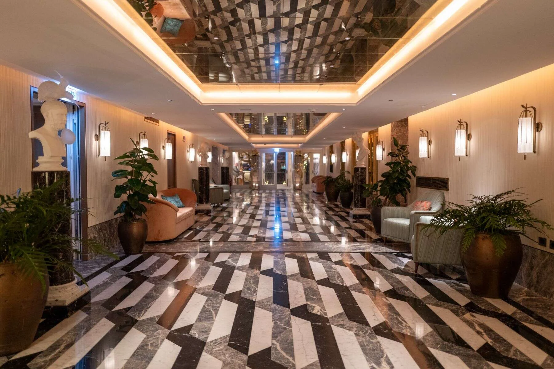 Luxury hotel hall with a patterned stone floor