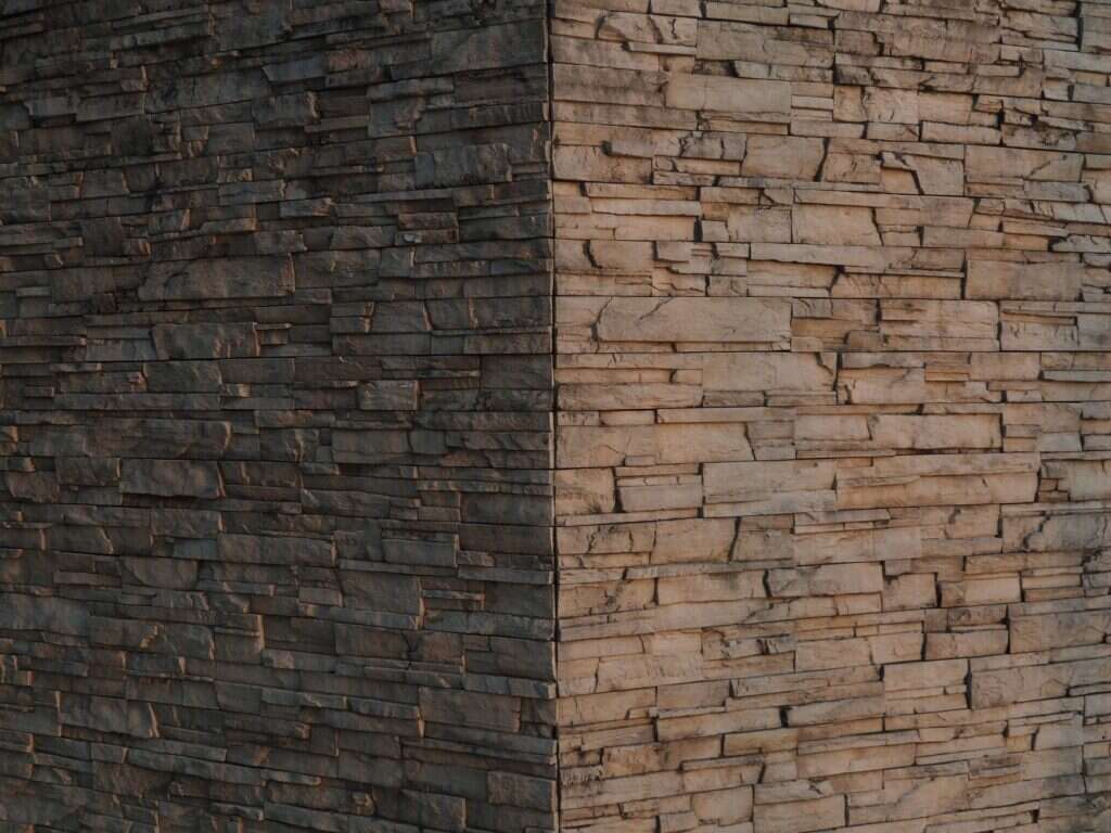 Natural stone cladding on a building corner in two colours