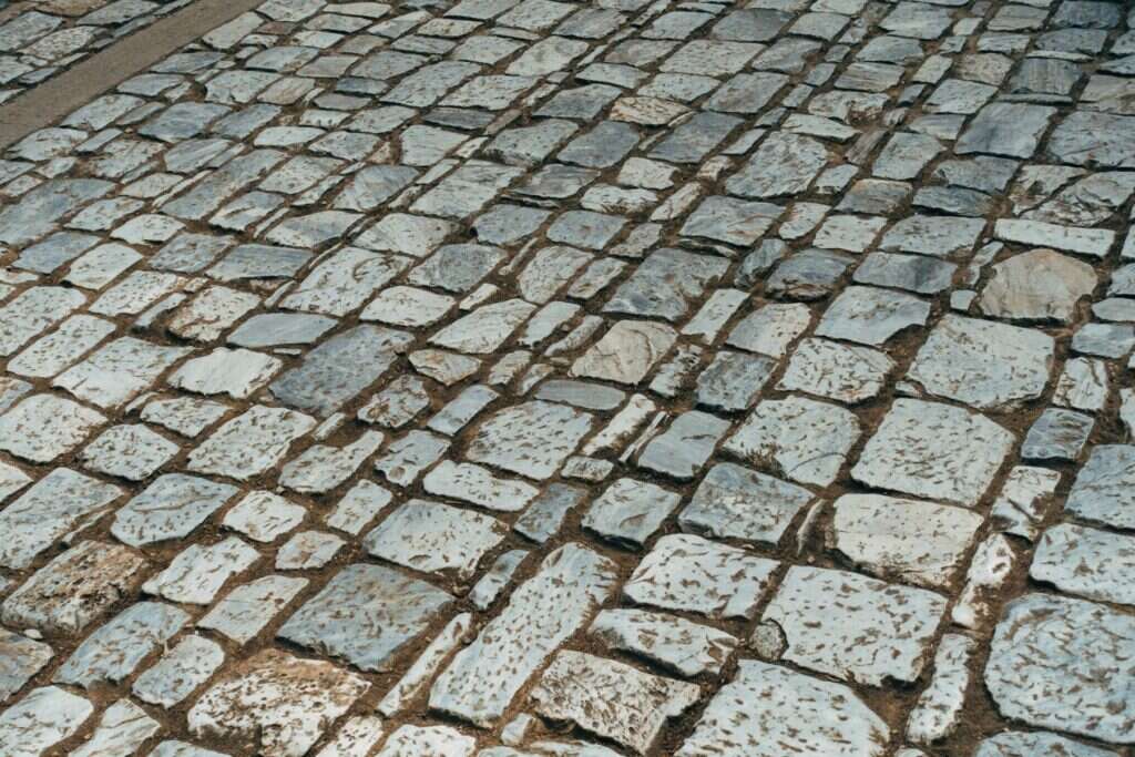 Grey granite cobblestone pavement