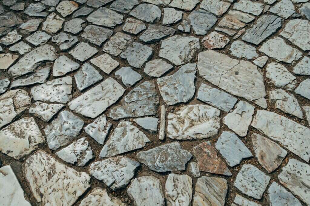 Slate flagstone paving laid in a random pattern