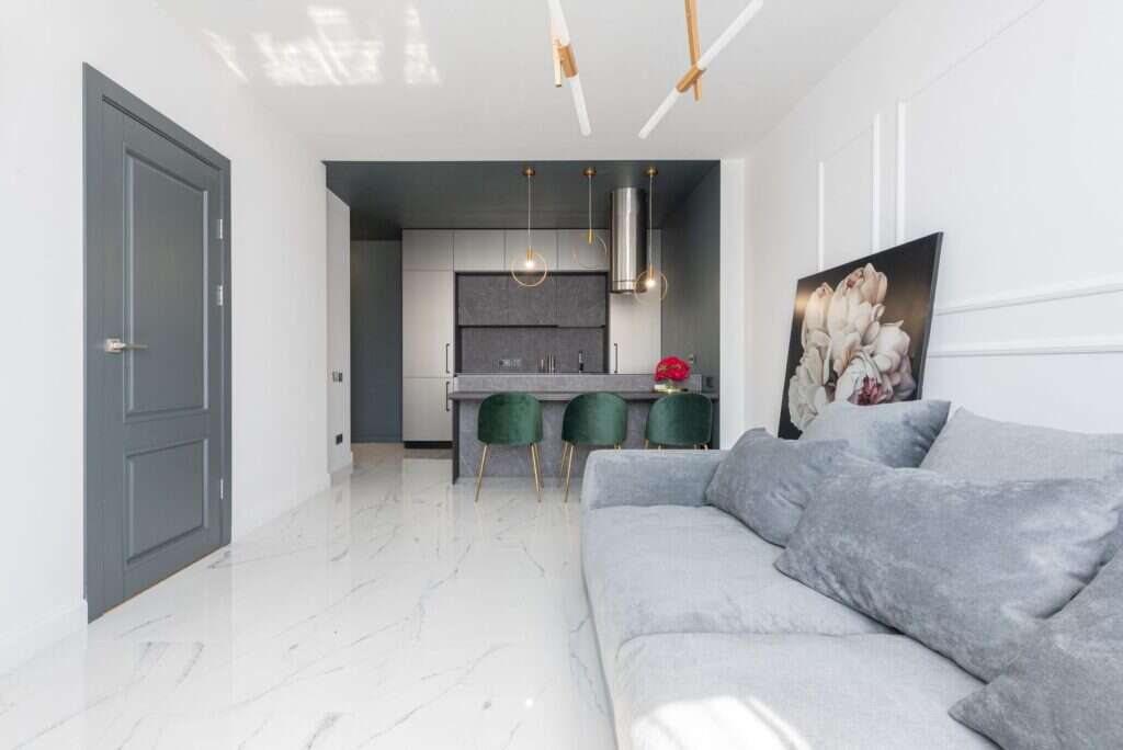 Polished marble floor in a modern apartment living room