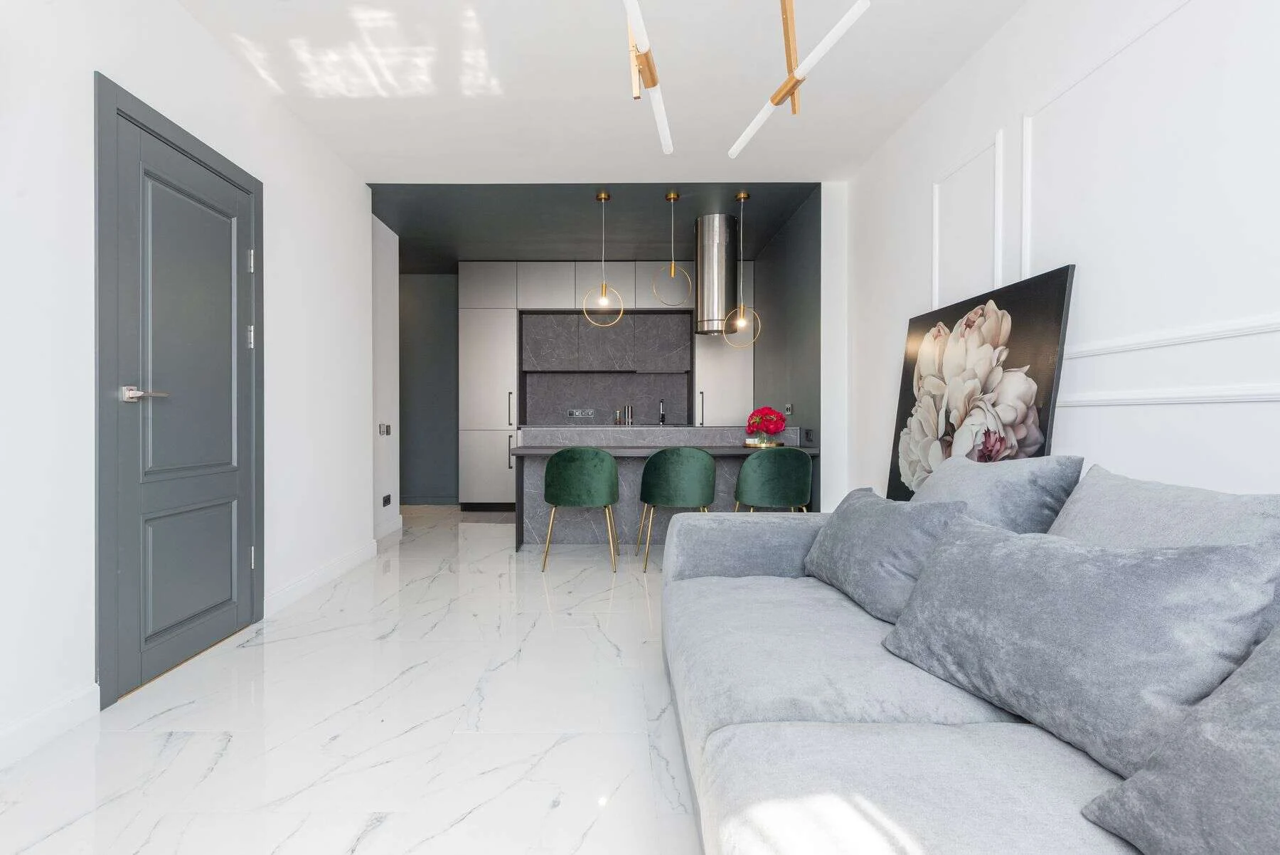 Polished marble floor in a modern apartment living room
