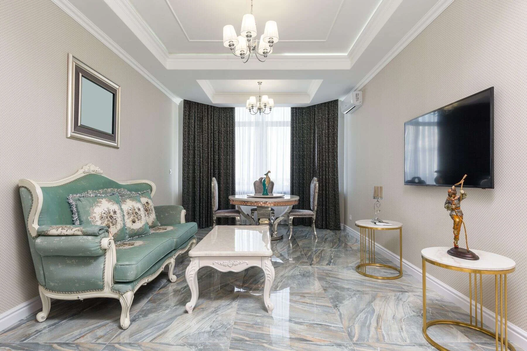 Classic living room with a polished marble floor