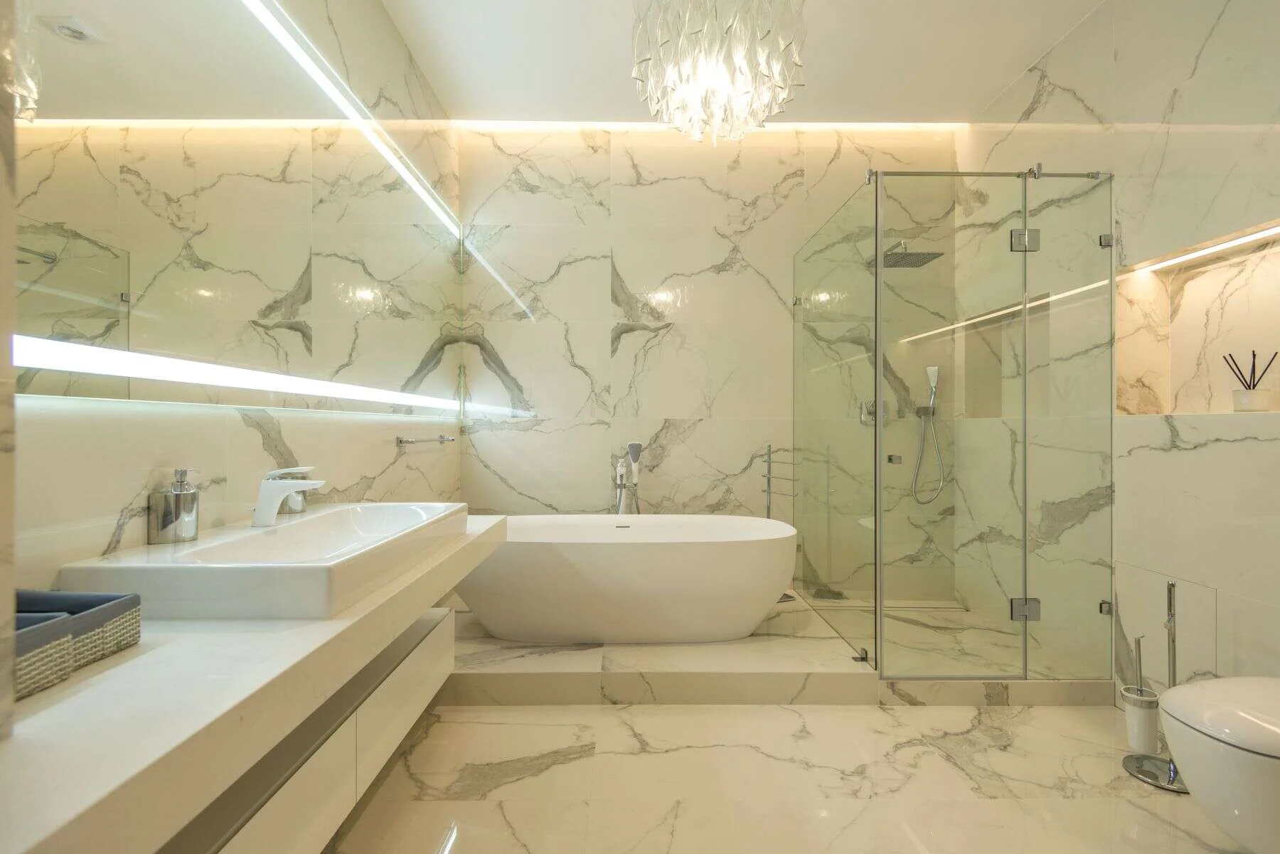 Luxury marble bathroom with soft lighting