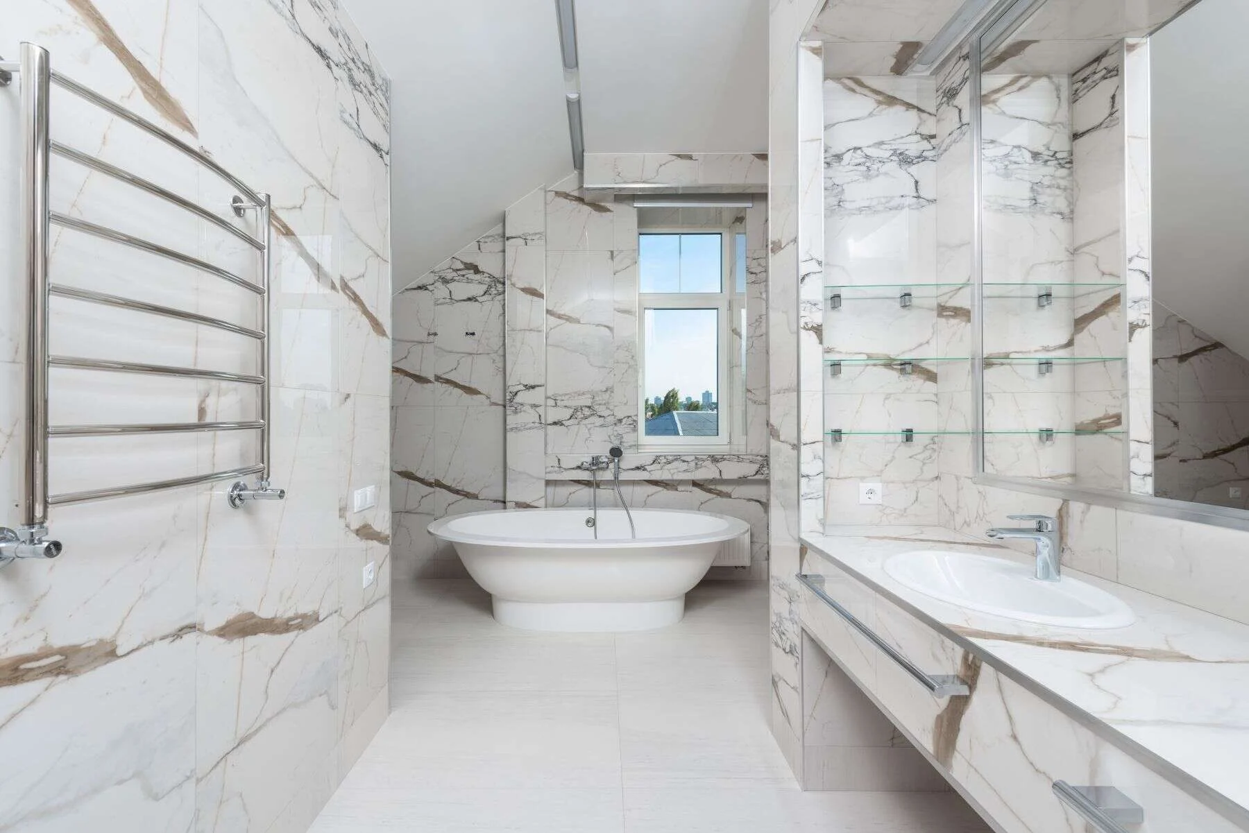 Marble bathroom with a freestanding bath