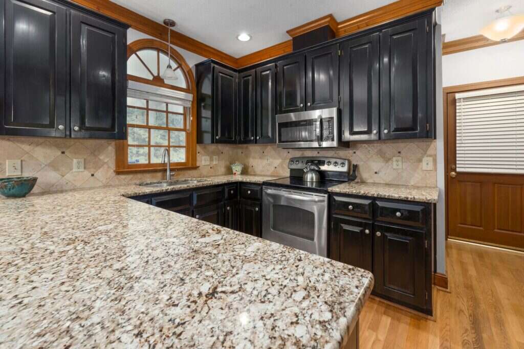 Brown and white granite kitchen countertop